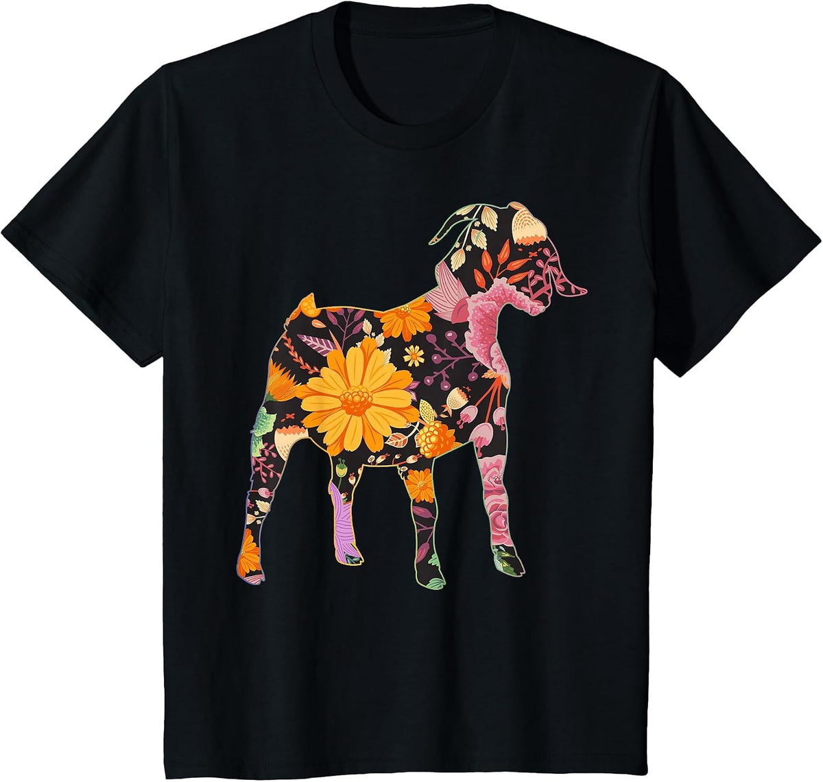 Boer Goat Floral Flower Vintage Retro Art T-Shirt - Black