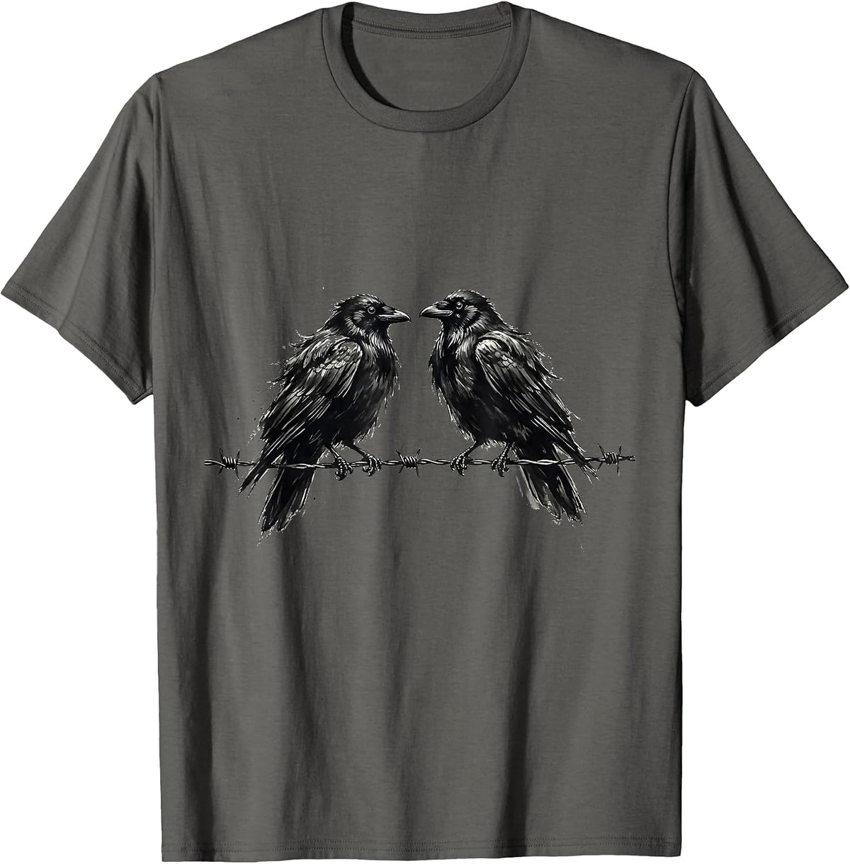 Men's Two Crows on Barbed Wire Illustration T-Shirt - Asphalt Grey