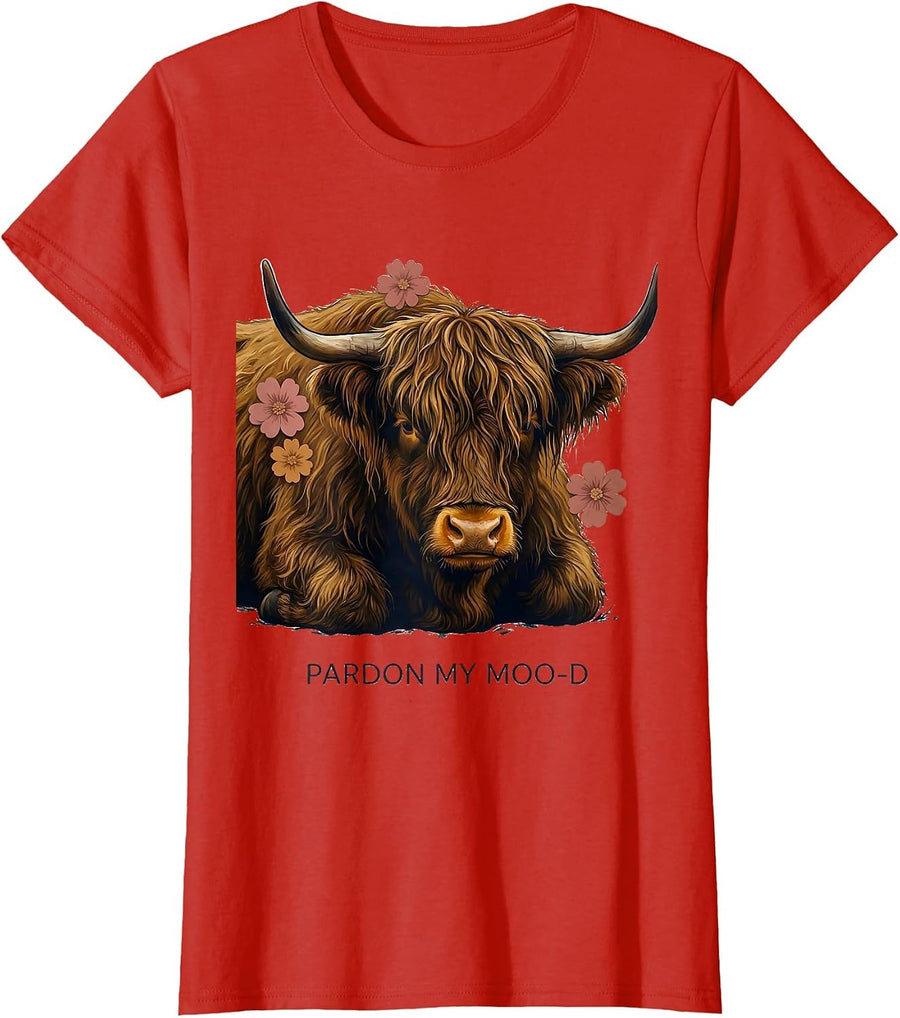 Women's Pardon My Moo-d Funny Highland Cow Floral Humor Novelty T-Shirt - Red