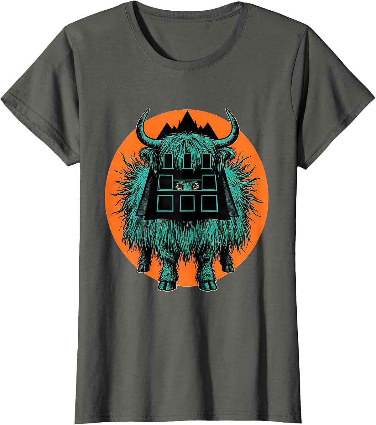 Women's Highland Cow Haunted House Cape Halloween Fall Costume Humor T-Shirt - Asphalt Grey