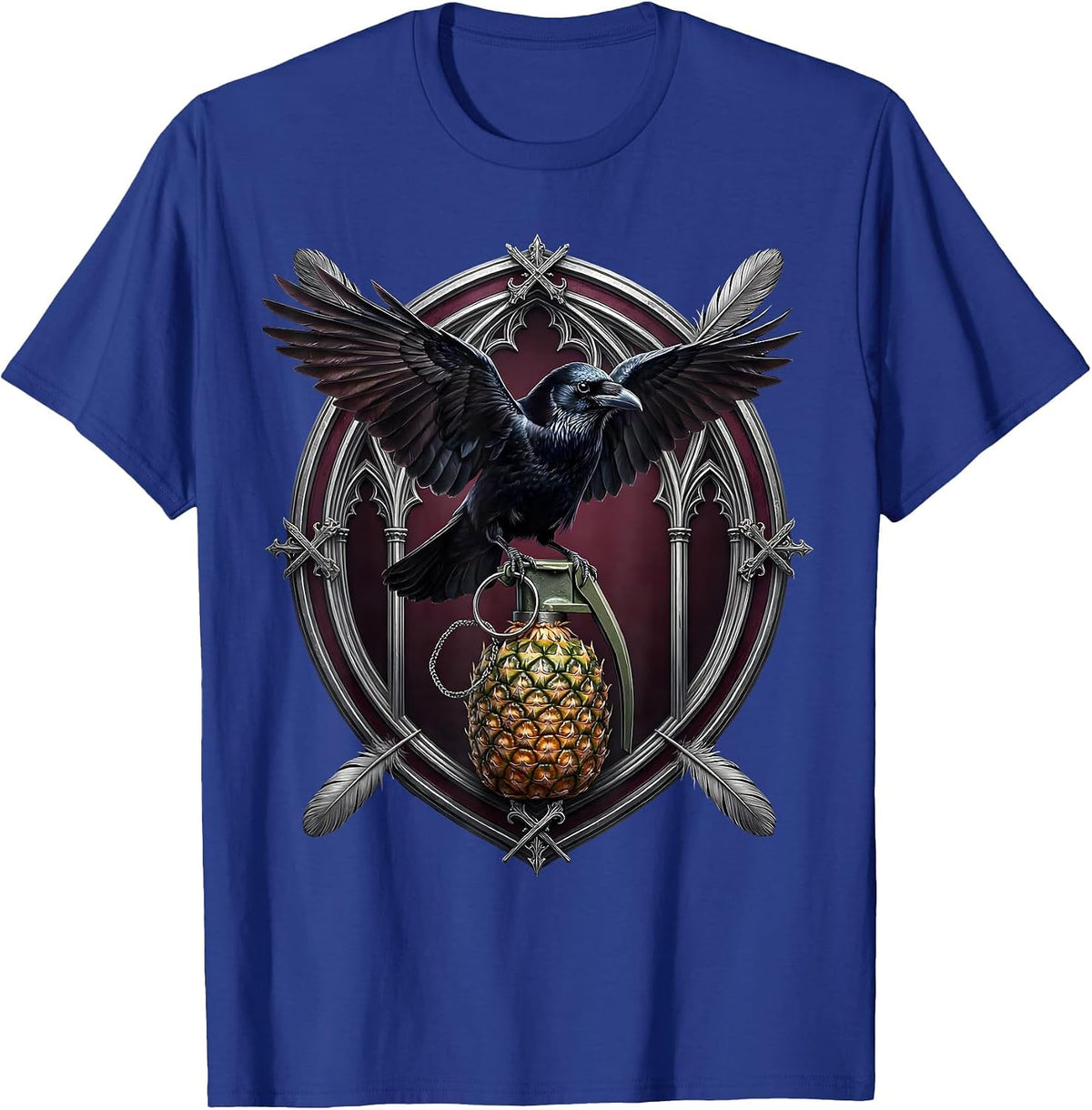 Crow Perched on Grenade Dark Art Illustration T-Shirt - Royal Blue