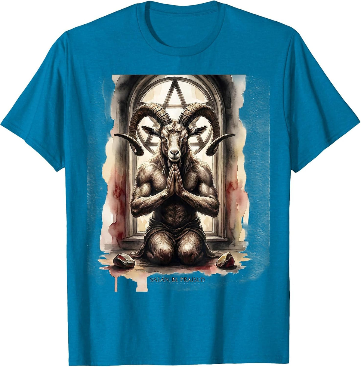 Satan Be Praised Watercolor Baphomet Occult Goth Symbol T-Shirt - Sapphire Blue