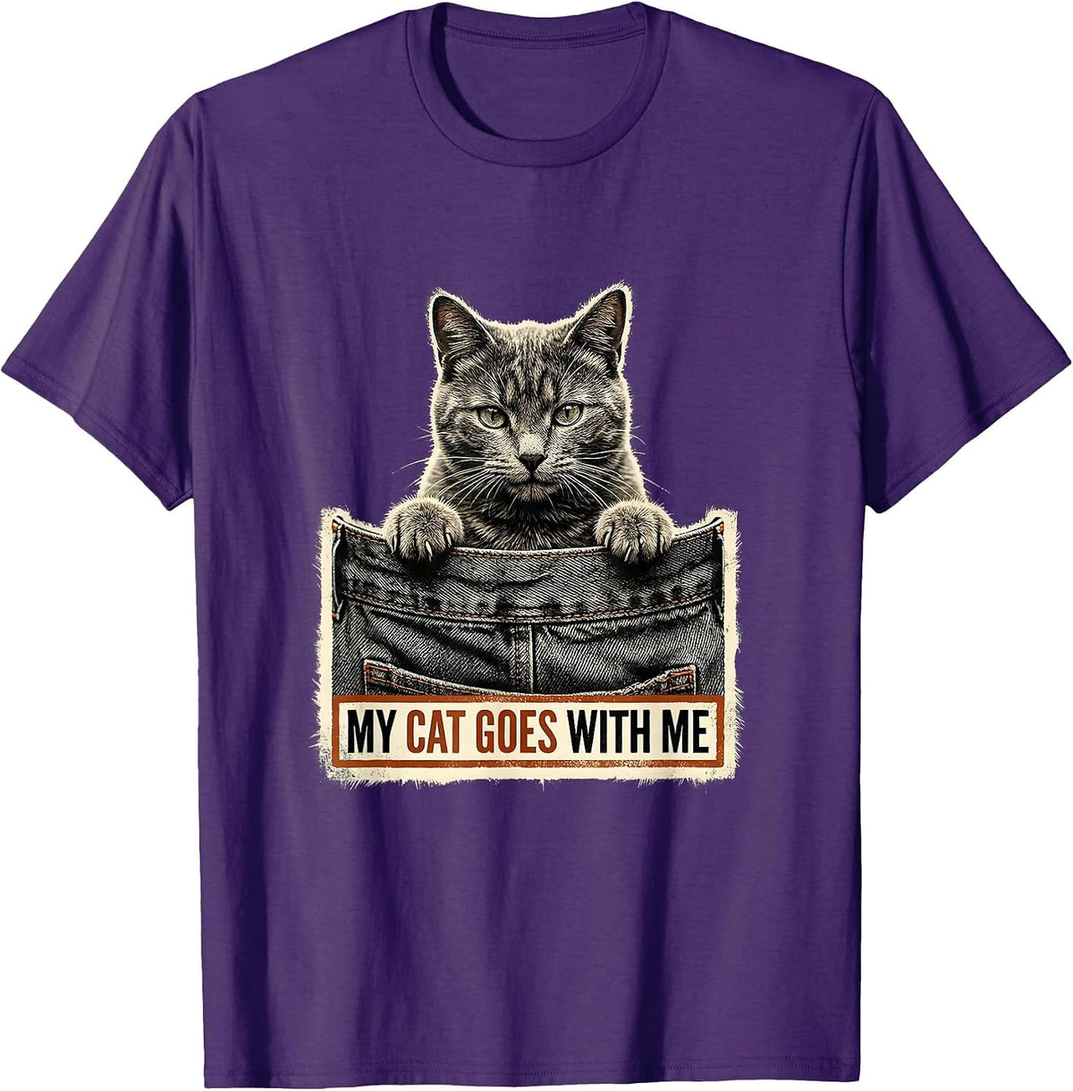 Men's My Cat Goes With Me Rubber Stamp Cat Lover Gift T-Shirt - Purple