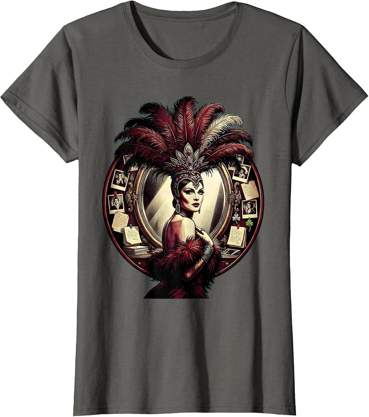 Women's Showgirl Backstage Mirror Illustration Graphic T-Shirt - Asphalt Grey