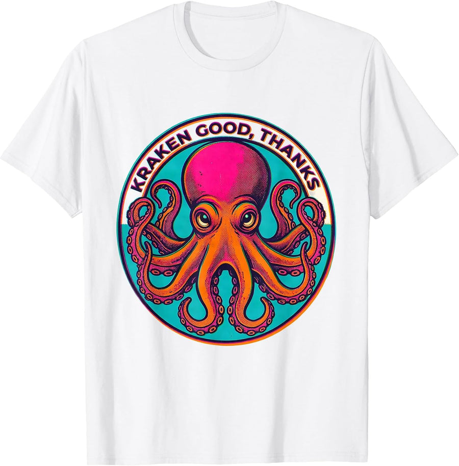 Men's Kraken Good, Thanks Playful Octopus Lover Risograph Art T-Shirt - White
