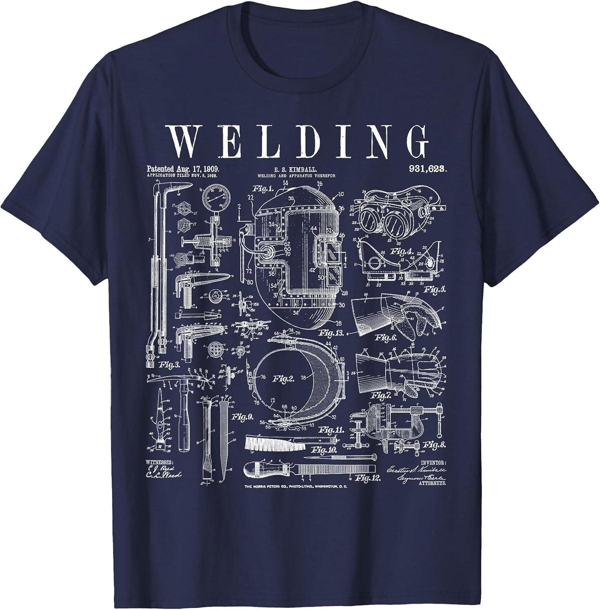 Vintage Patent Print Welder Mask Torch and Tools T-Shirt - Navy Blue