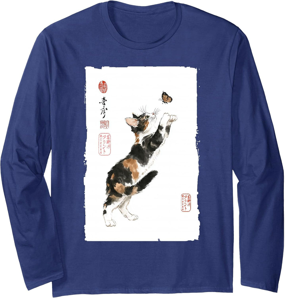 Calico Cat and Butterfly Japanese Vintage Painting Art Long Sleeve T-Shirt - Adult Unisex Navy Blue