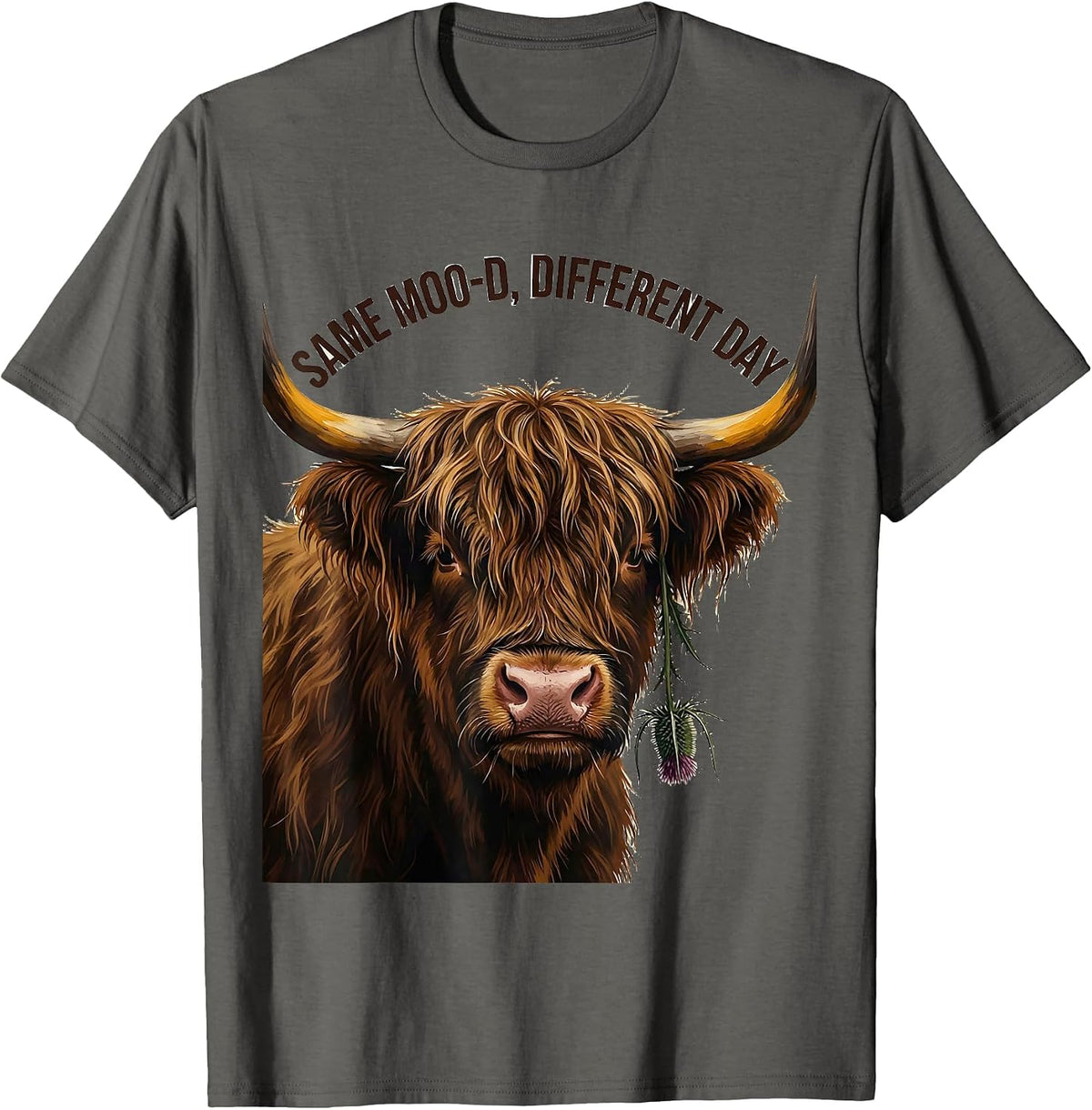 Men's Same Moo-D, Different Day Funny Highland Cow Farm Animal T-Shirt - Asphalt Grey