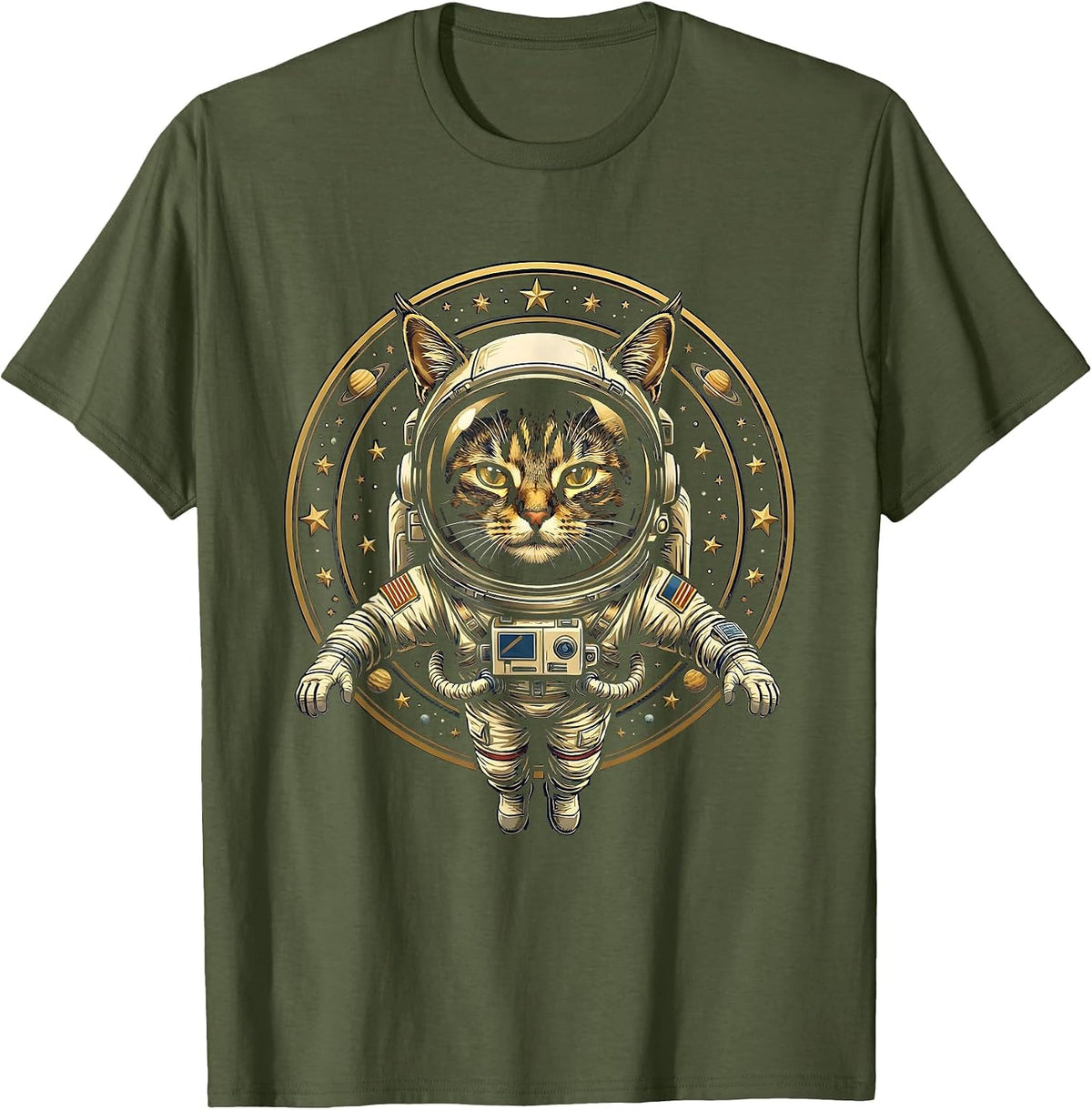 Men's Cat Astronaut Floating in Space Illustration T-Shirt - Olive Green