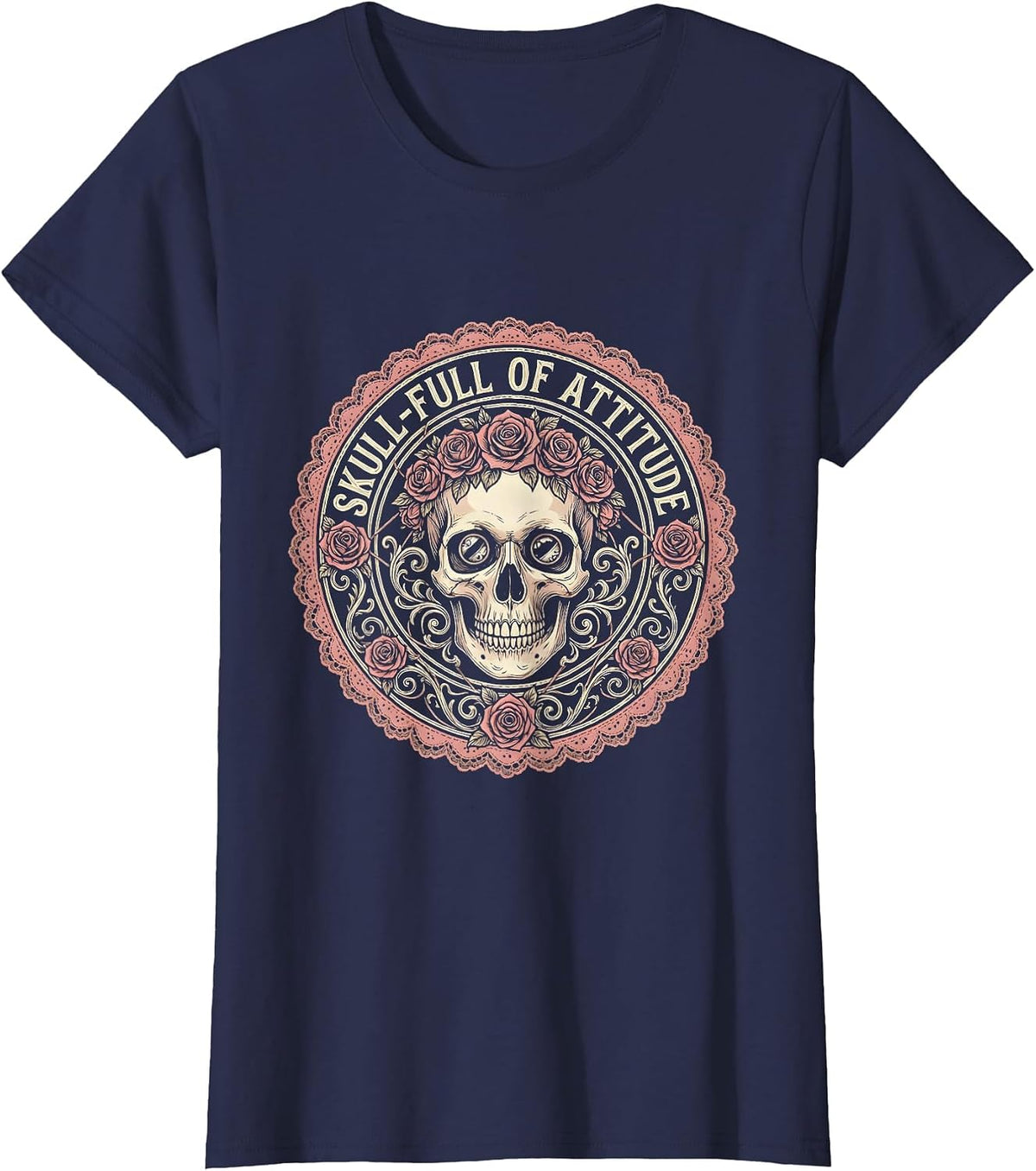 Women's Skull-full of Attitude Skeleton Women Graphic Design T-Shirt - Navy Blue