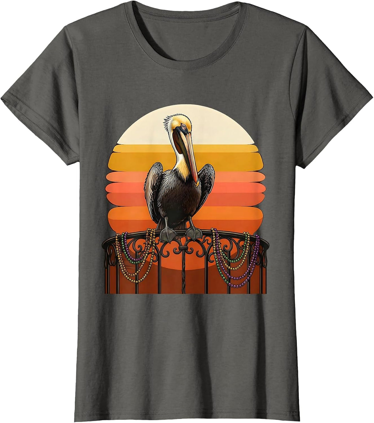 Women's Mardi Gras Pelican Balcony Beads Illustration T-Shirt - Asphalt Grey