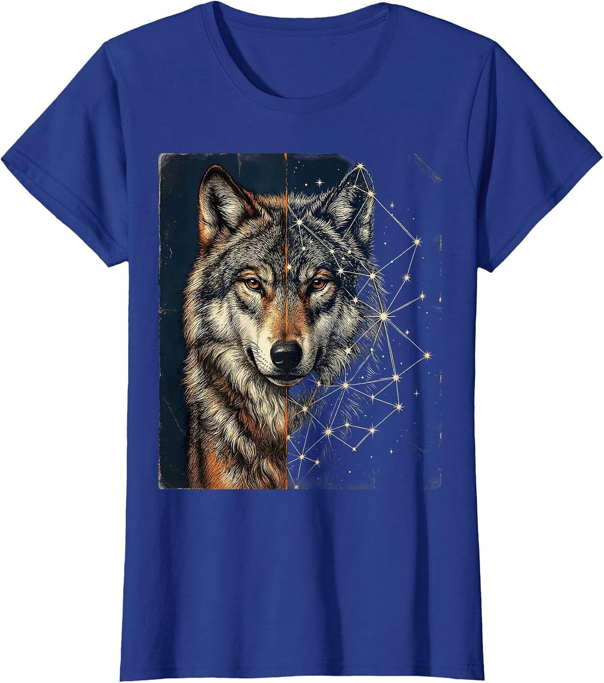 Women's Wolf Constellation Star Map Celestial Night Sky T-Shirt - Royal Blue