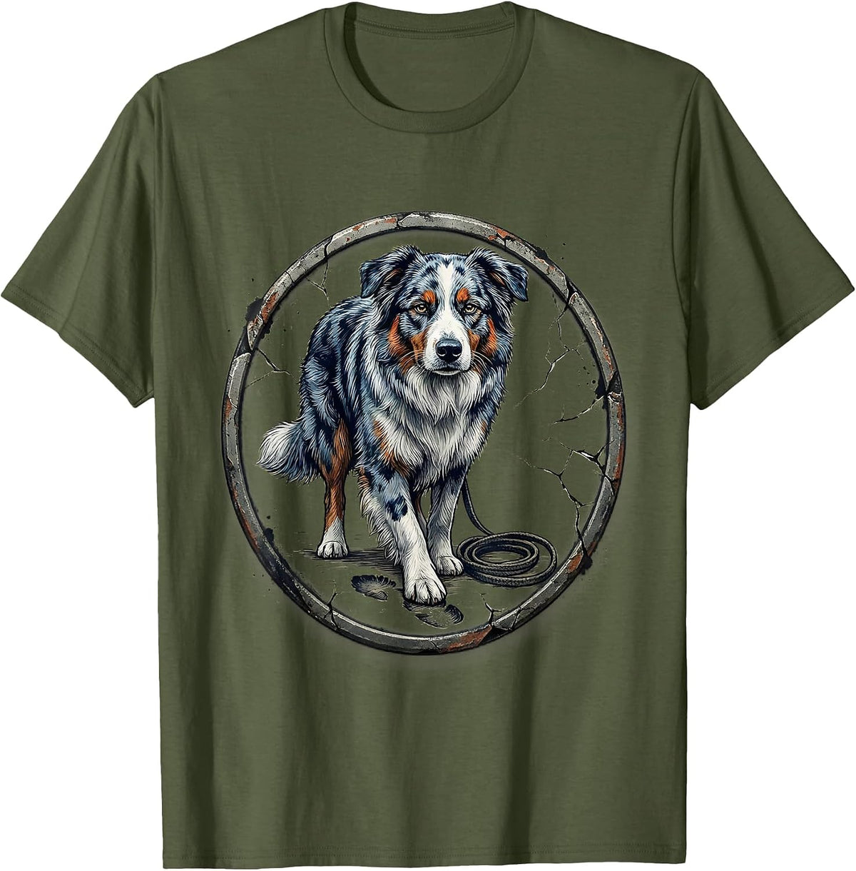 Aussie Shepherd Mini Dog Mom Distressed Badge T-Shirt - Olive Green