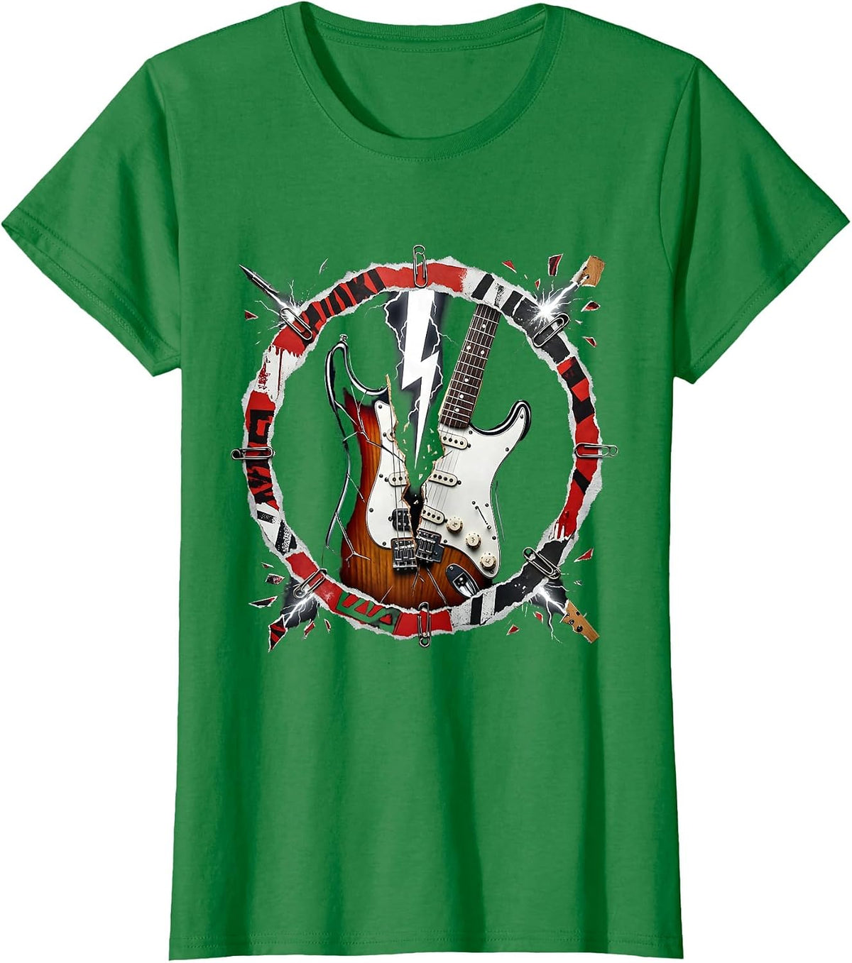 Women's Lightning Bolt Strikes Electric Guitar Rock Art T-Shirt - Kelly Green