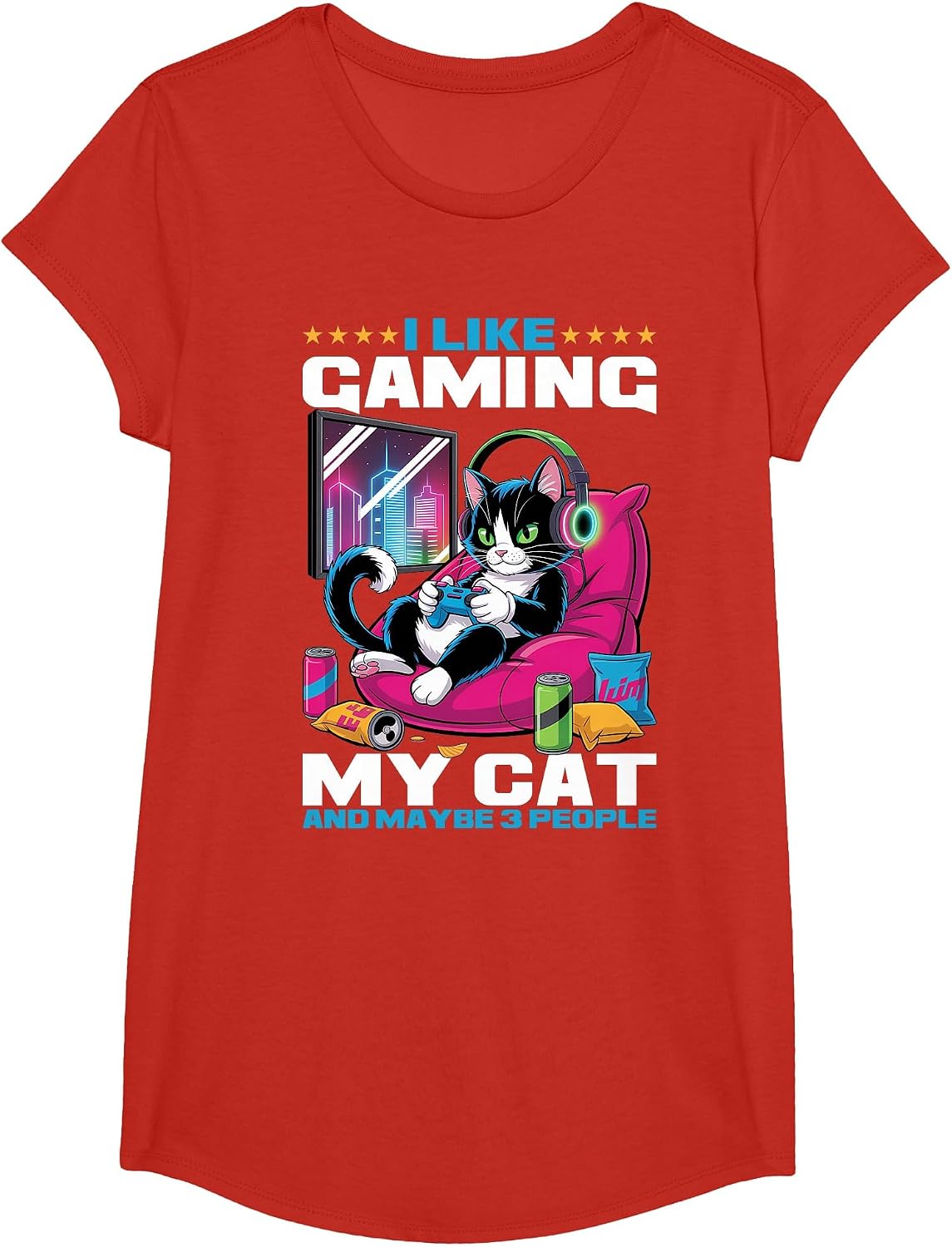 Gamer Gaming Cat Video Game T-Shirt - Girls Red