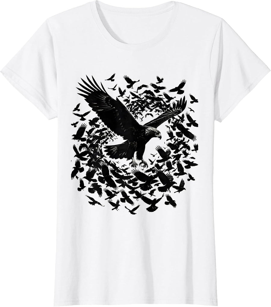 Women's Crow Mob vs Soaring Hawk Wildlife Illustration T-Shirt - White