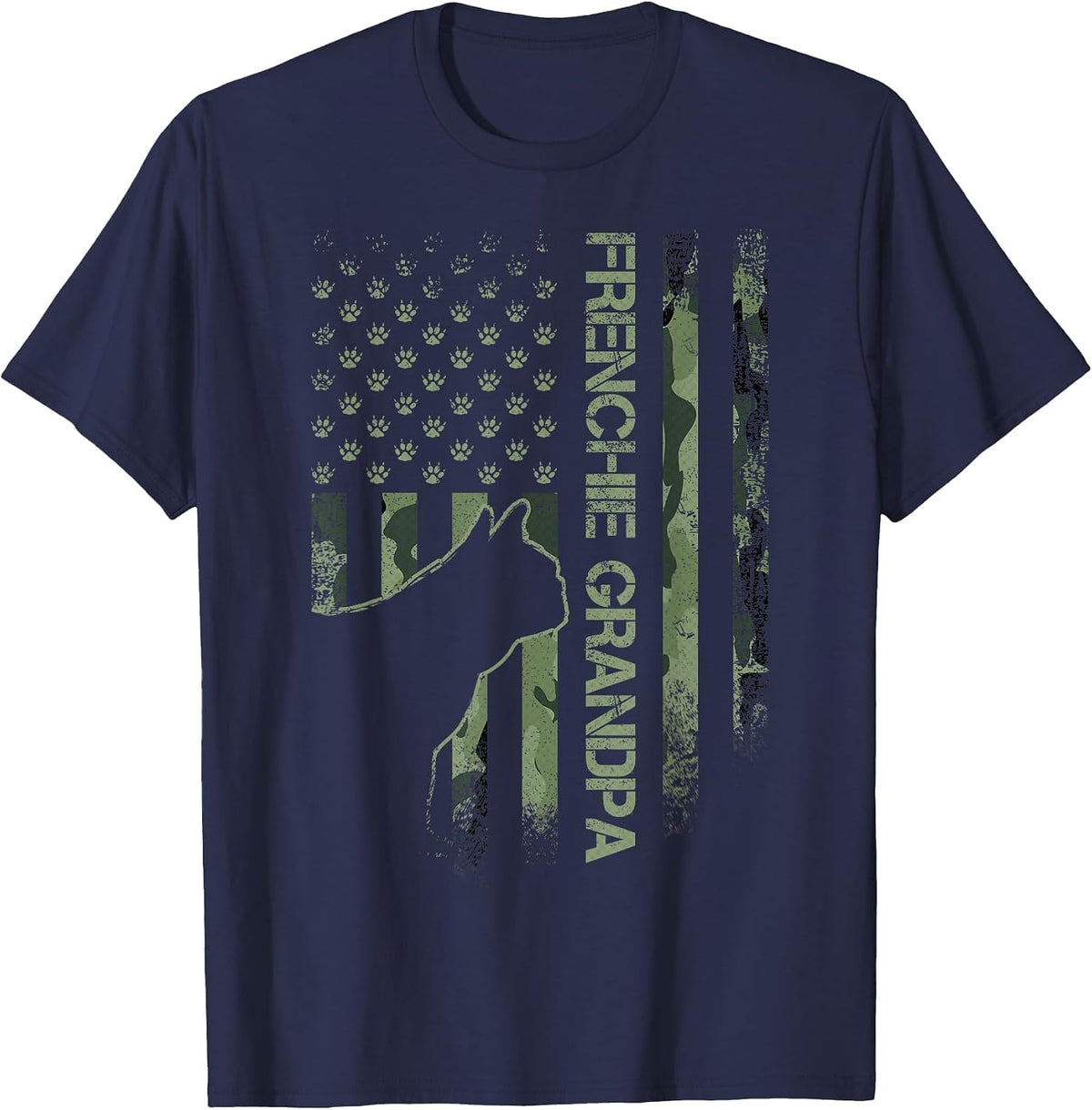 Camo Flag Proud French Bulldog Grandpa Frenchie Silhouette T-Shirt - Navy Blue