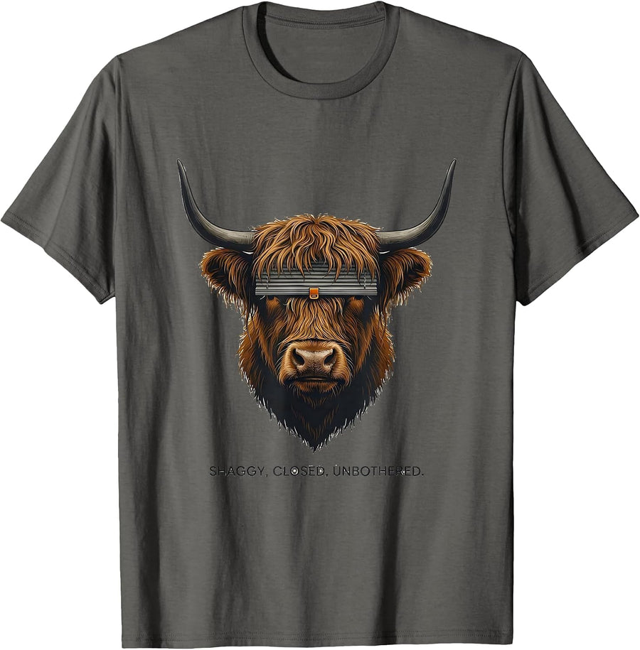 Shaggy Closed Unbothered Editorial Conceptual Highland Cow T-Shirt - Asphalt Grey