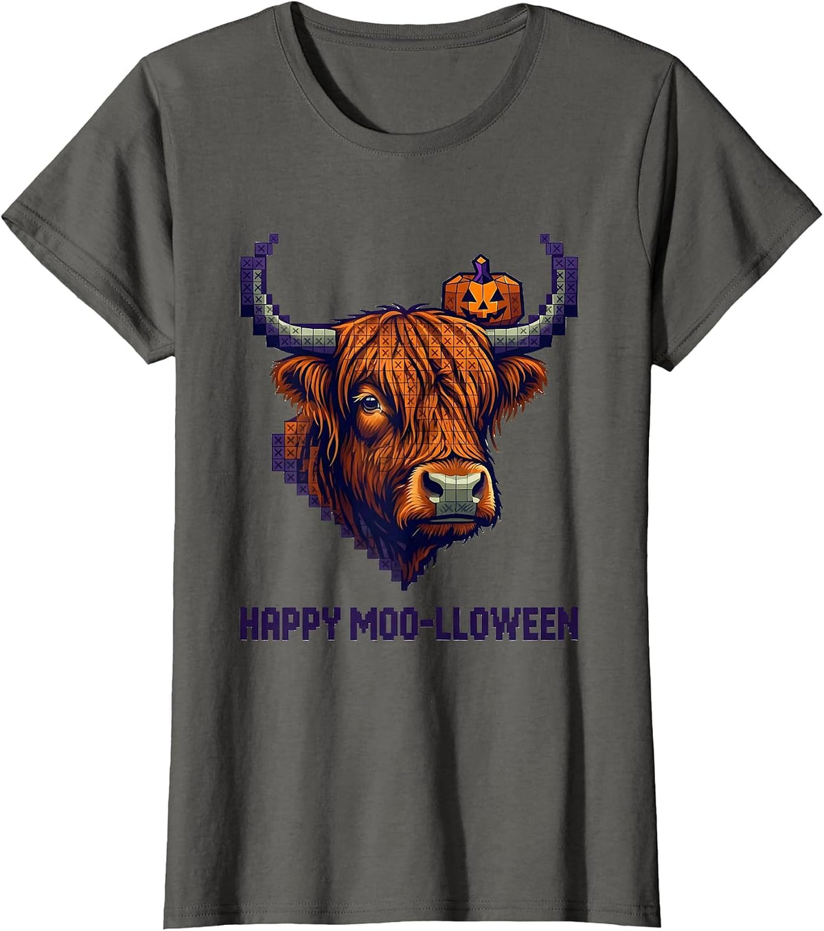 Women's Happy Moo-lloween Cross Stitch Sampler Highland Cow Holiday T-Shirt - Asphalt Grey