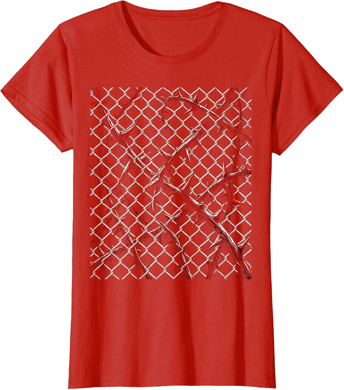 Chain-Link Fence Climbing Rose Thorns Streetwear T-Shirt - Red