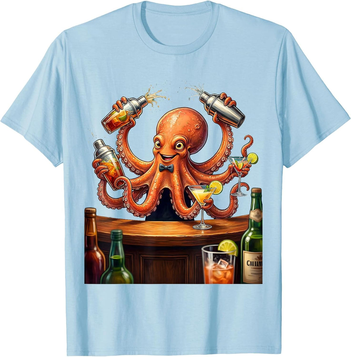 Octopus Bartender Cocktail Shaker Drinking Art T-Shirt - Baby Blue