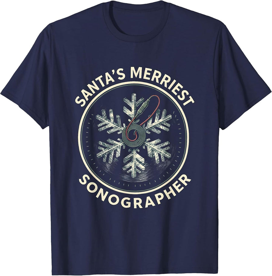 Santa's Merriest Sonographer Funny Radiology Tech Christmas T-Shirt - Navy Blue