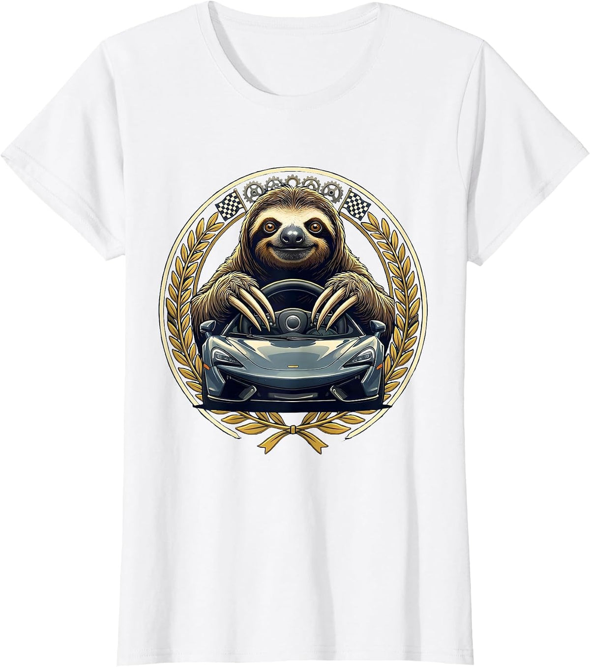 Slow Lane Sloth Sports Car Funny Graphic T-Shirt - White