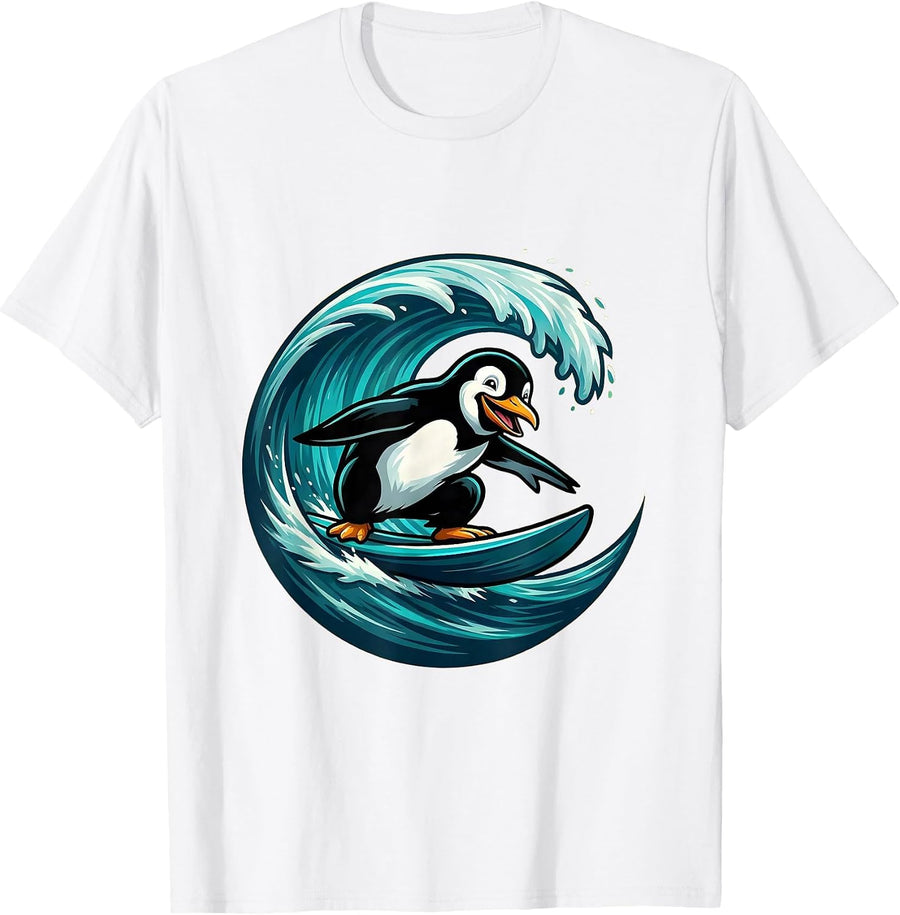 Men's Penguin Surfing a Giant Ocean Wave T-Shirt - White