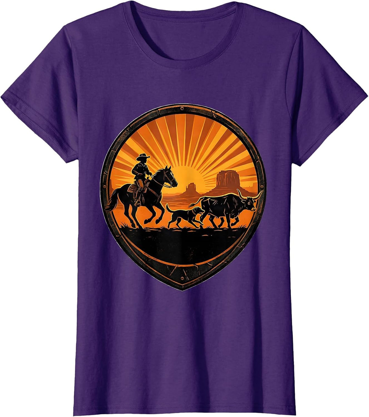 Women's Western Boy and Dog Herding Cattle at Dawn T-Shirt - Purple