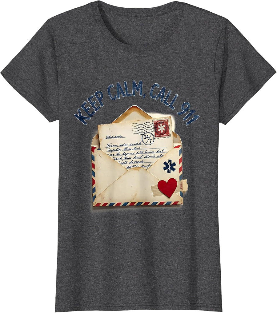 Women's Keep Calm Call 911 EMT First Responder Design T-Shirt - Dark Heather Grey