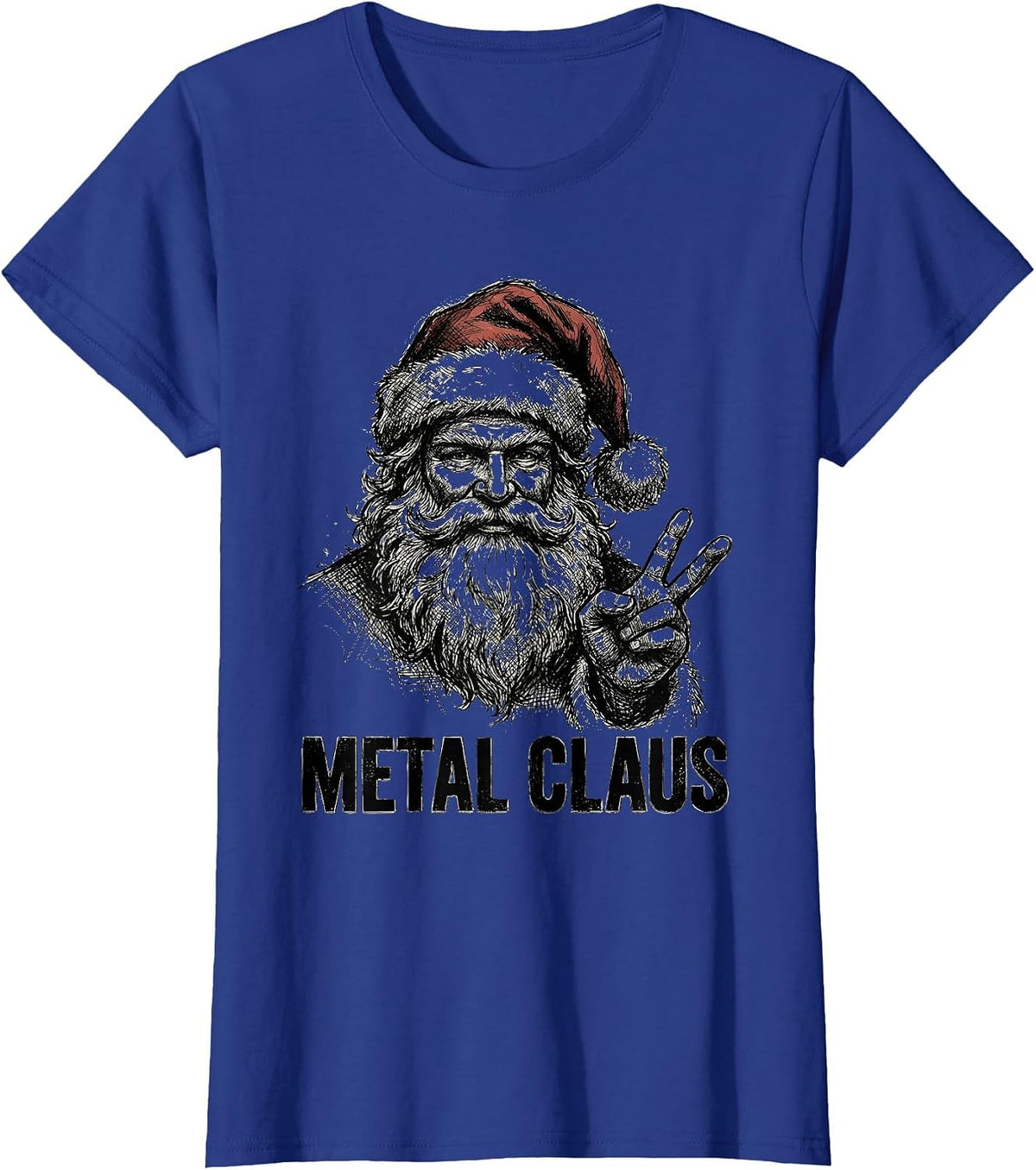 Women's Metal Claus Hand Sketched Heavy Metal Rock Santa Christmas T-Shirt - Royal Blue