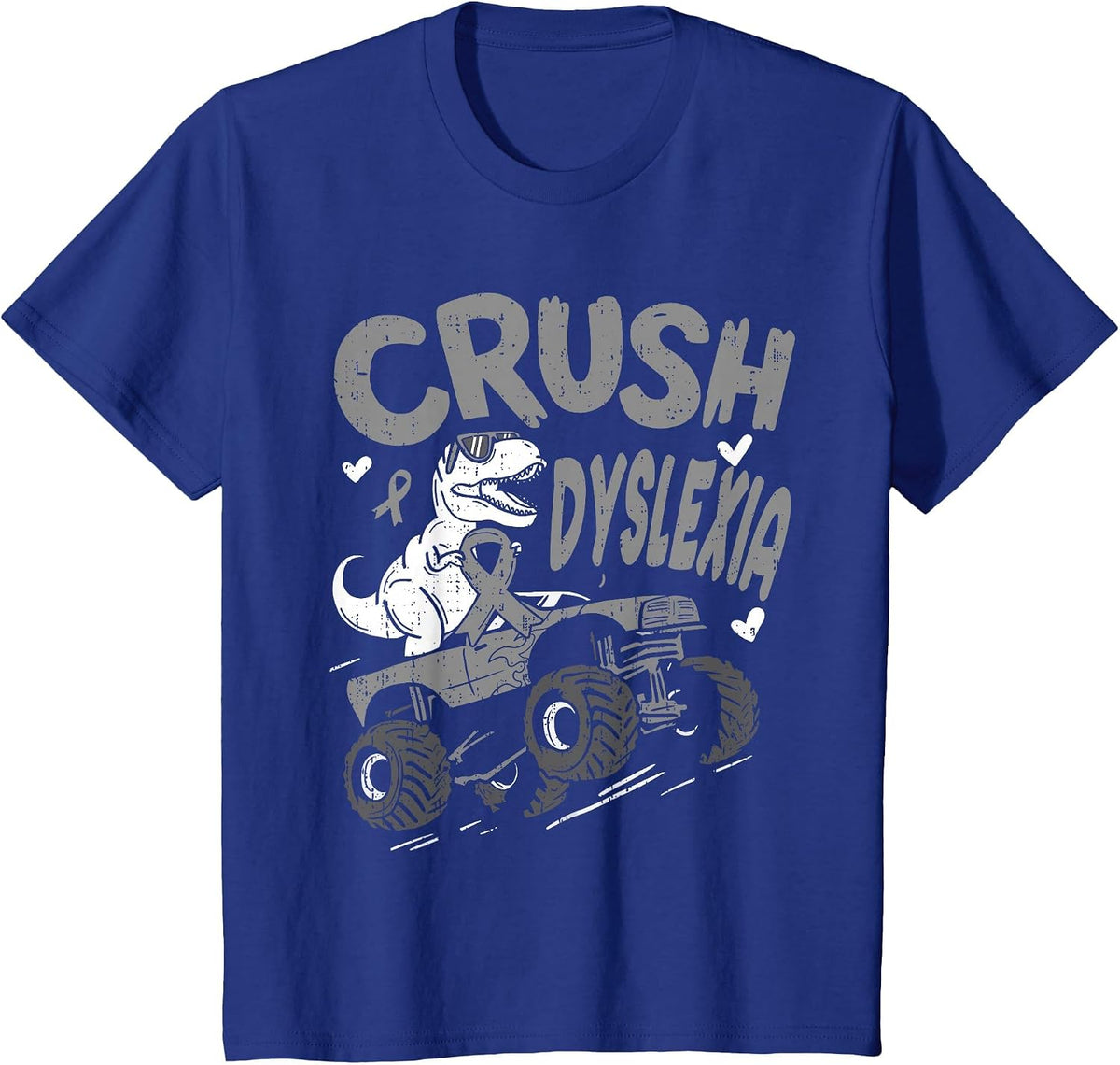 Crush Dyslexia Awareness Dino T Rex Ribbon Silver Boy Kids T-Shirt - Royal Blue