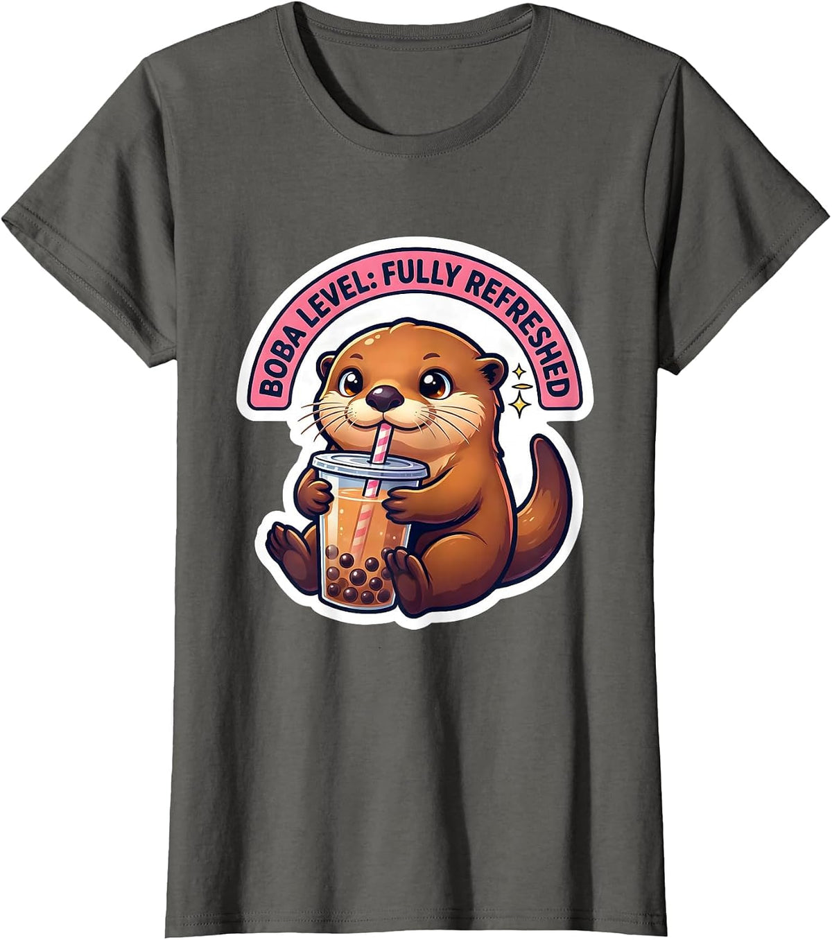 Women's Boba Level Fully Refreshed Kawaii Otter Boba Tea Lover T-Shirt - Asphalt Grey