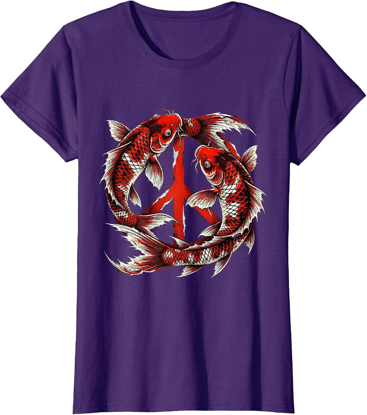 Women's Koi Fish Peace Sign Graphic Design T-Shirt - Purple