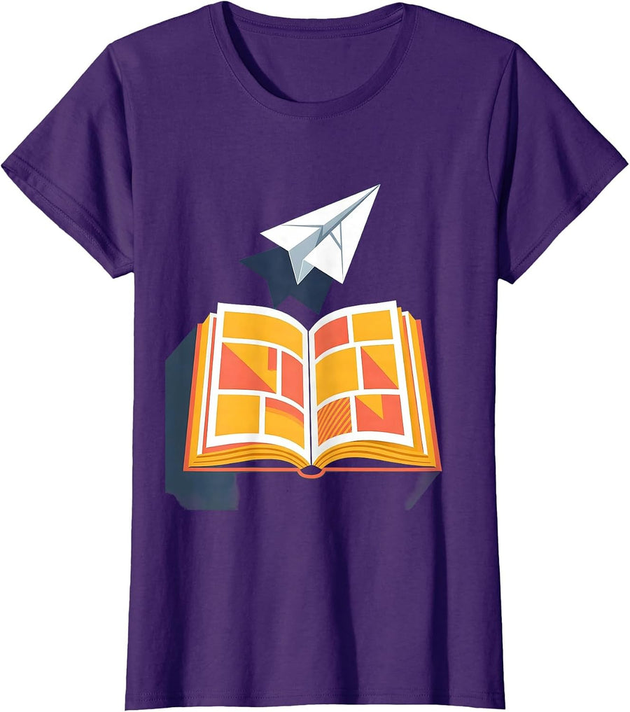 Women's Third Grade Teacher Paper Airplane Bookworm Gift T-Shirt - Purple