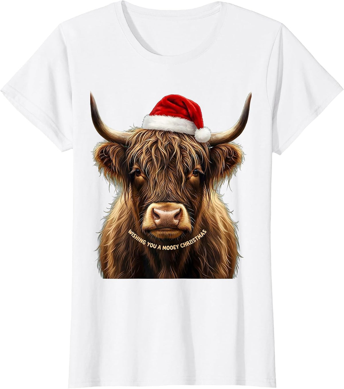 Wishing You a Mooey Christmas Highland Cow Santa Hat Farm T-Shirt - White
