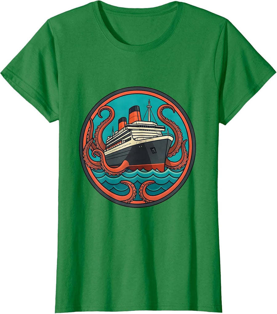 Women's Octopus Wrapped Around Ship Hull Cruise Design T-Shirt - Kelly Green