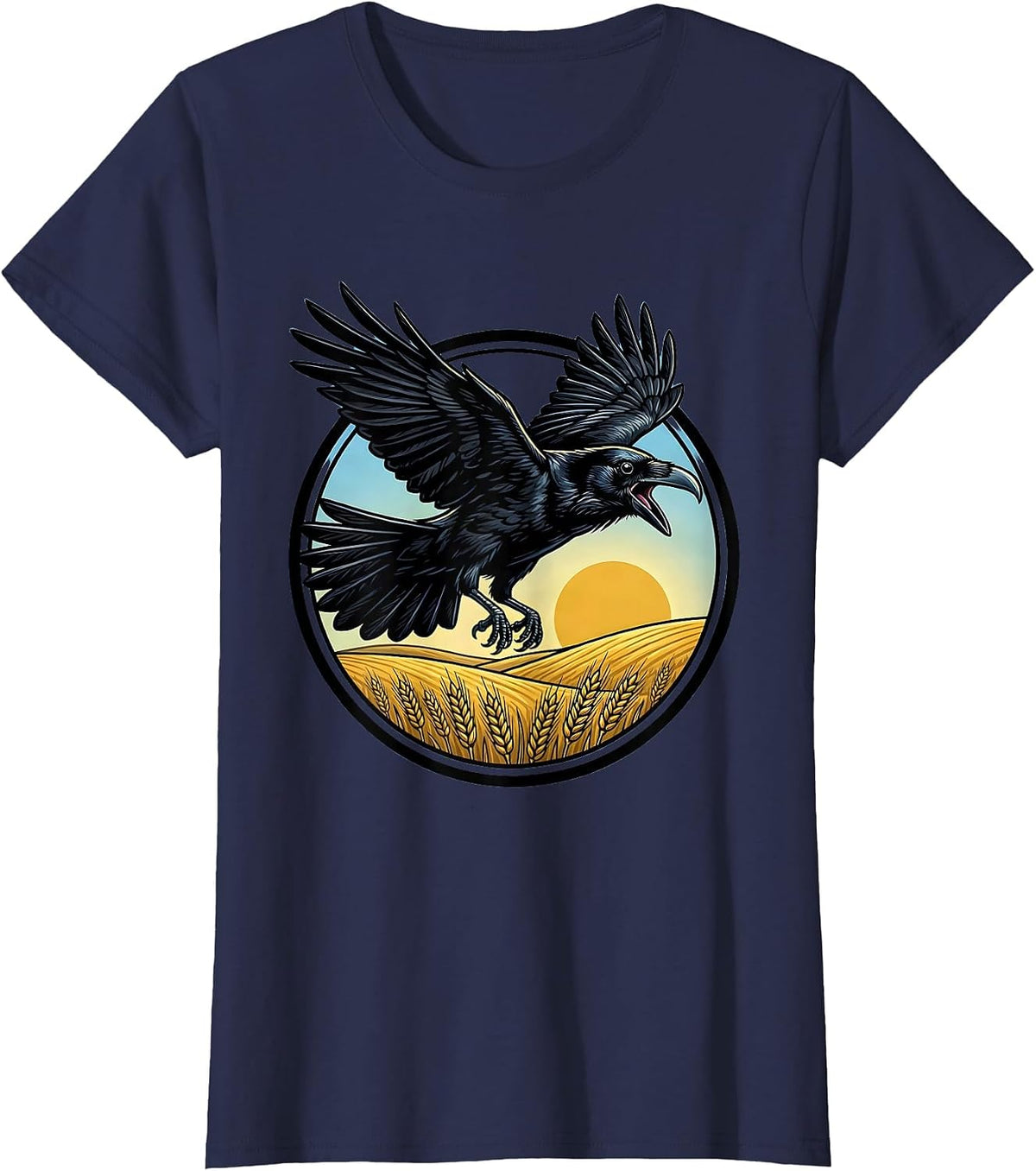 Women's Crow Mid-Swoop Over Open Field Illustration T-Shirt - Navy Blue