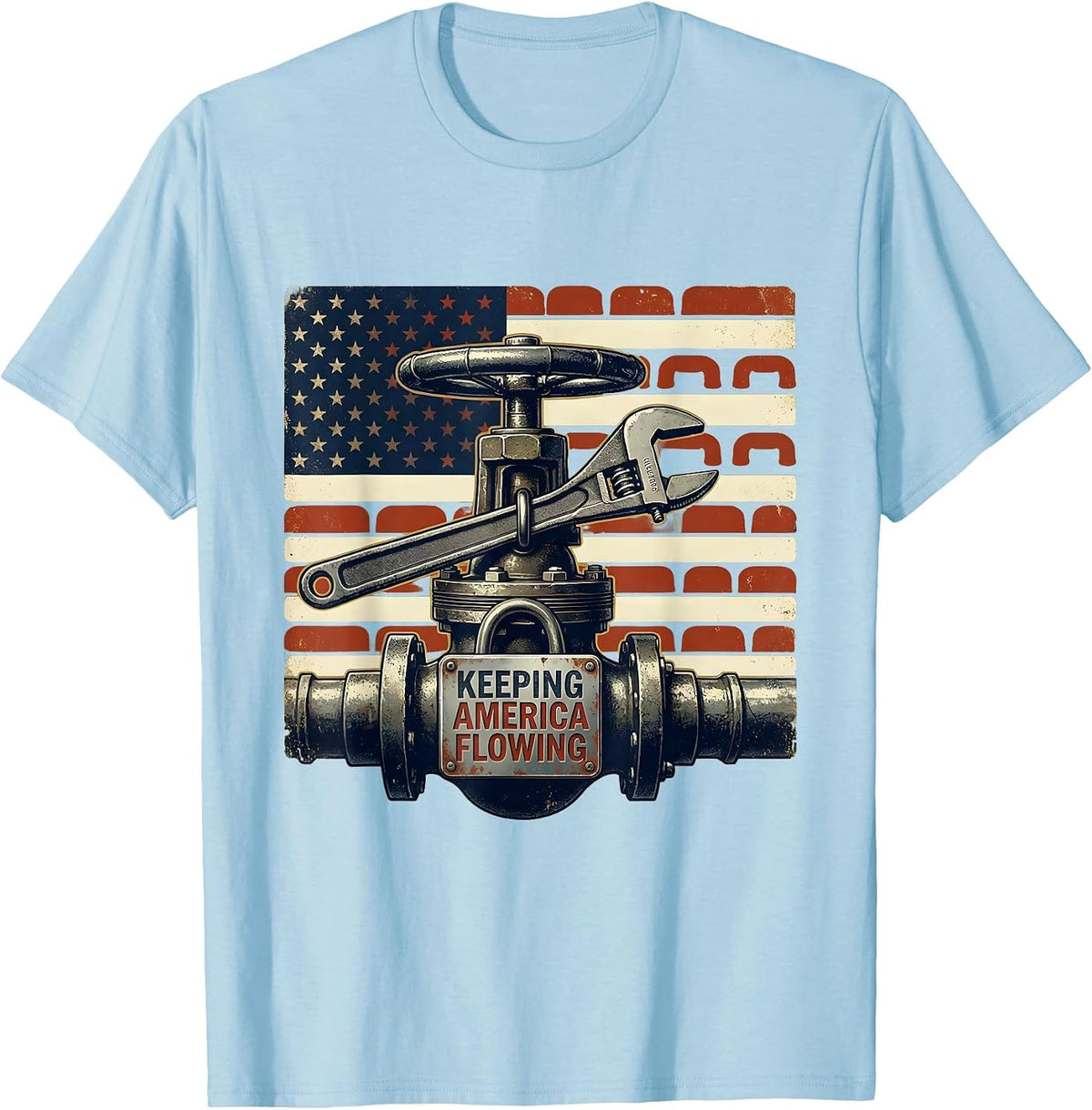 Men's Keeping America Flowing Vintage Plumber American Flag T-Shirt - Baby Blue