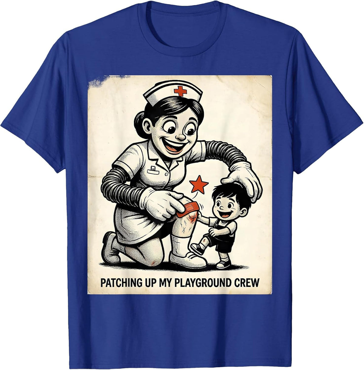 Patching Up My Playground Crew Retro Cartoon Nurse T-Shirt - Royal Blue