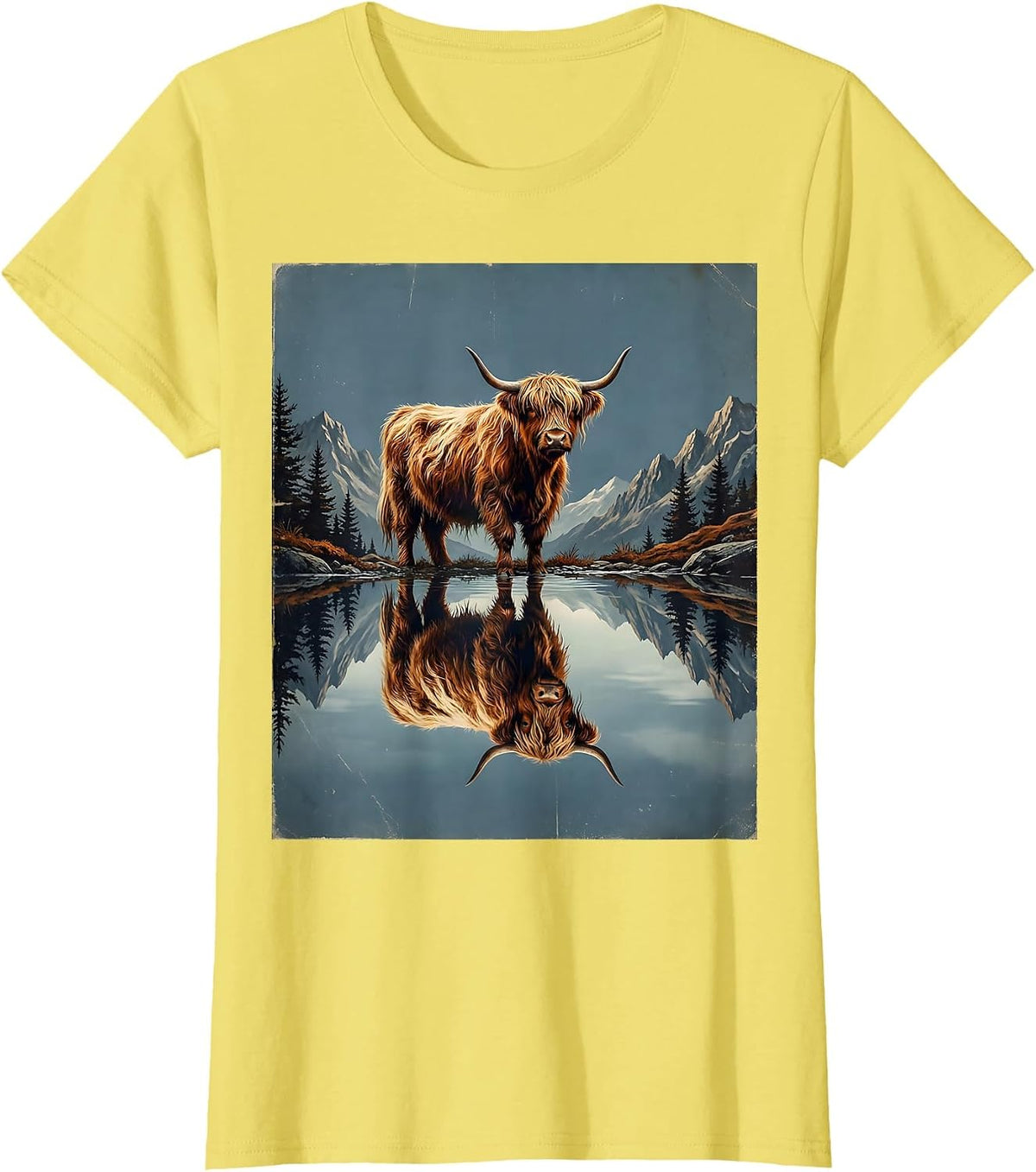 Highland Cow Reflection Mountain Lake Illustration T-Shirt - Lemon Yellow