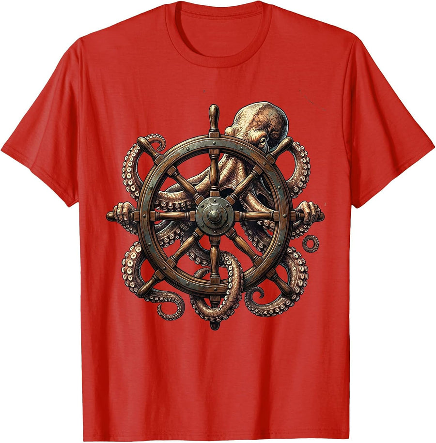 Men's Octopus Tangled Around Ship Steering Wheel T-Shirt - Red