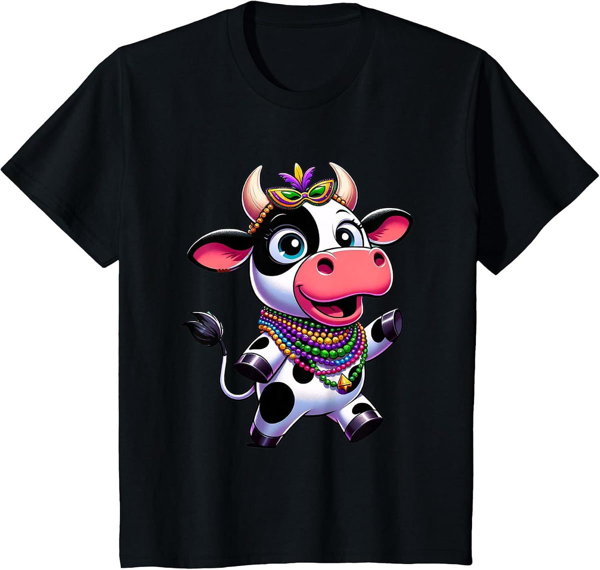 Mardi Gras Cow Wearing Mardi Gras Costume Beads T-Shirt - Black