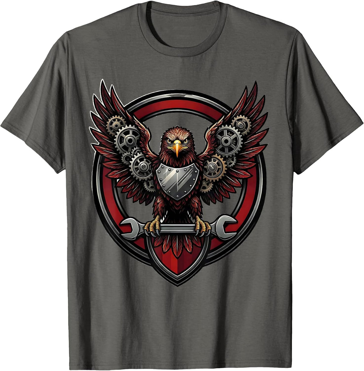 Men's Mechanical Eagle Gear Wing Steampunk Illustration T-Shirt - Asphalt Grey