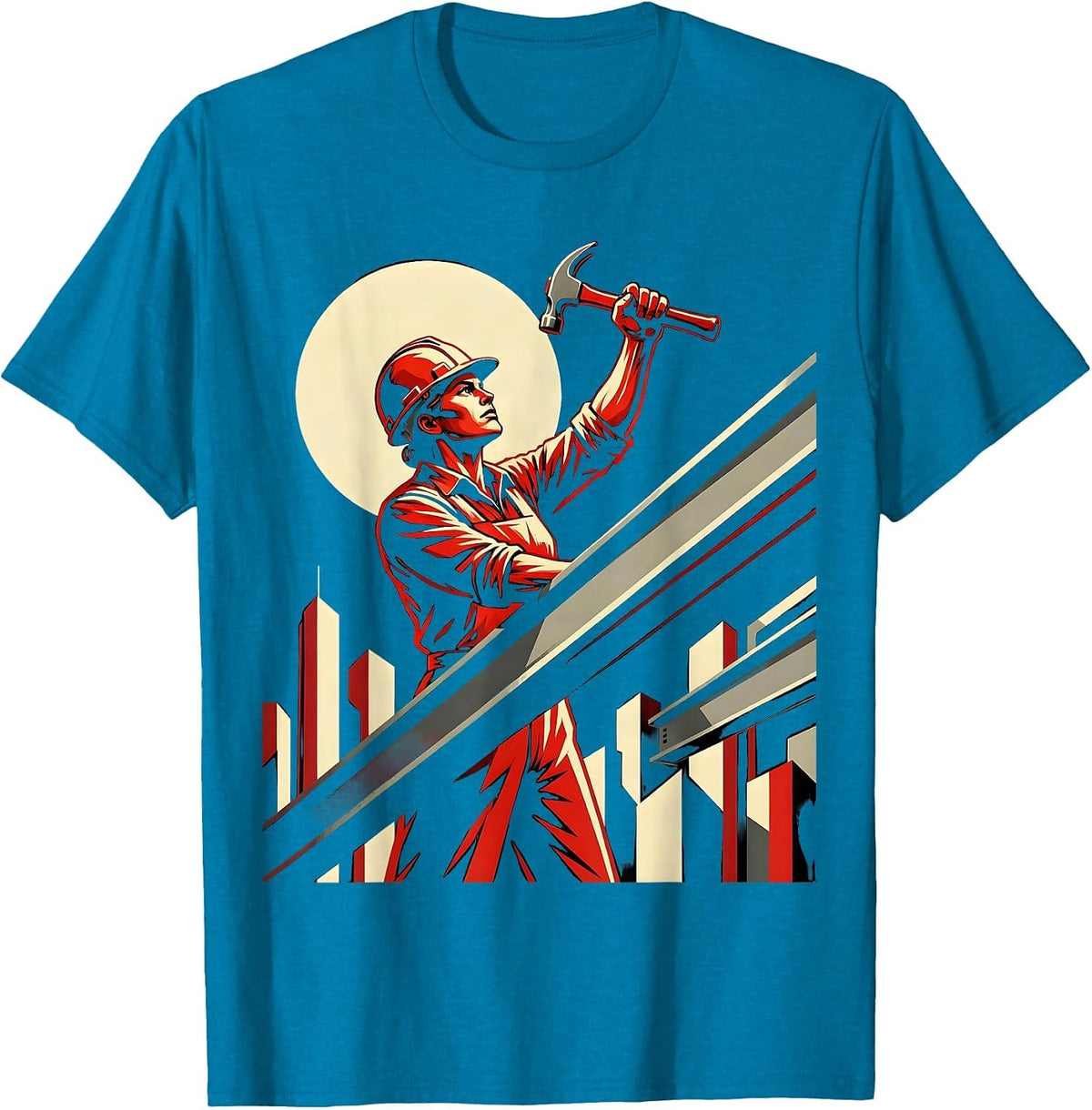 Labor Day Ironworker Steel Beam Skyline Graphic T-Shirt - Sapphire Blue