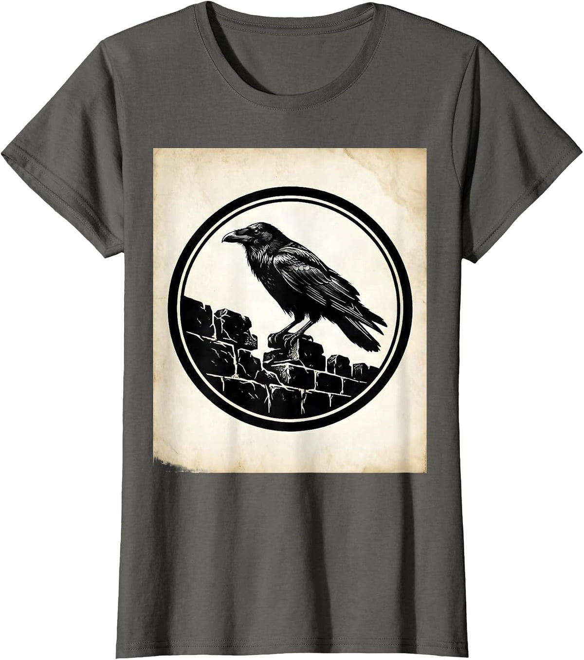 Women's Crow Perched on Crumbling Stone Wall T-Shirt - Asphalt Grey