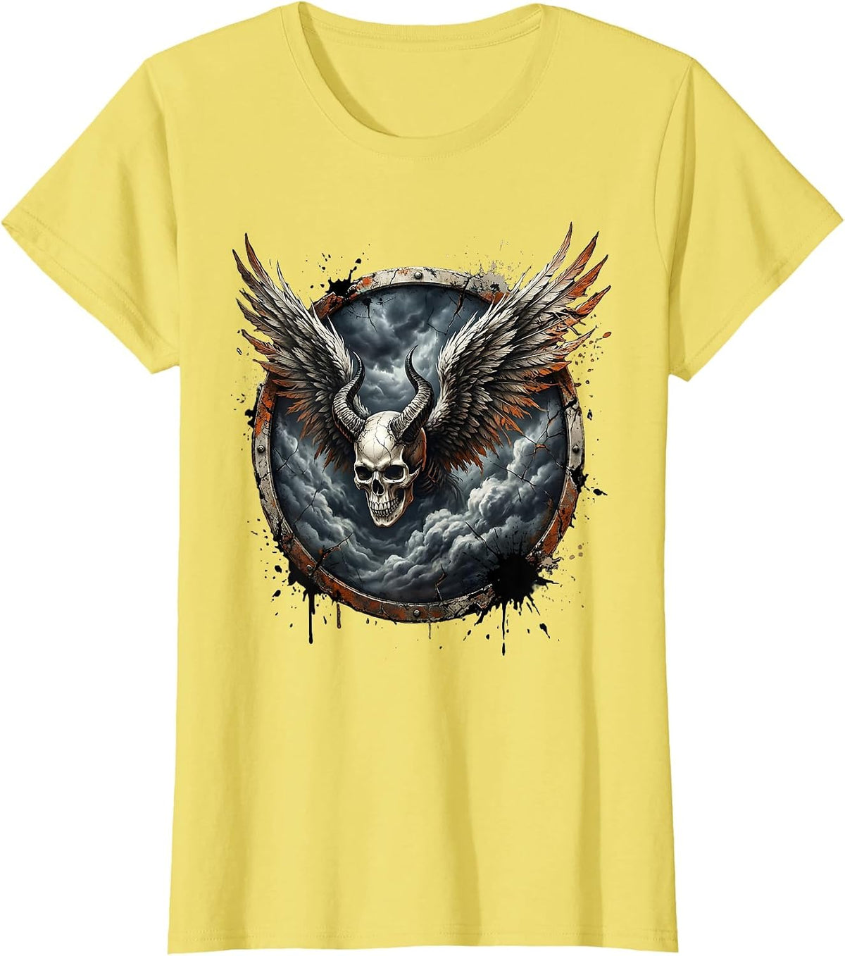 Winged Skull Storm Clouds Metal Band Graphic T-Shirt - Lemon Yellow