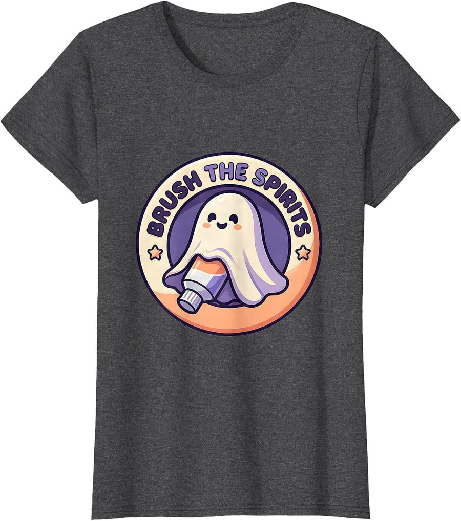 Women's Brush the Spirits Cute Kawaii Halloween Dentist Dental Pun T-Shirt - Dark Heather Grey