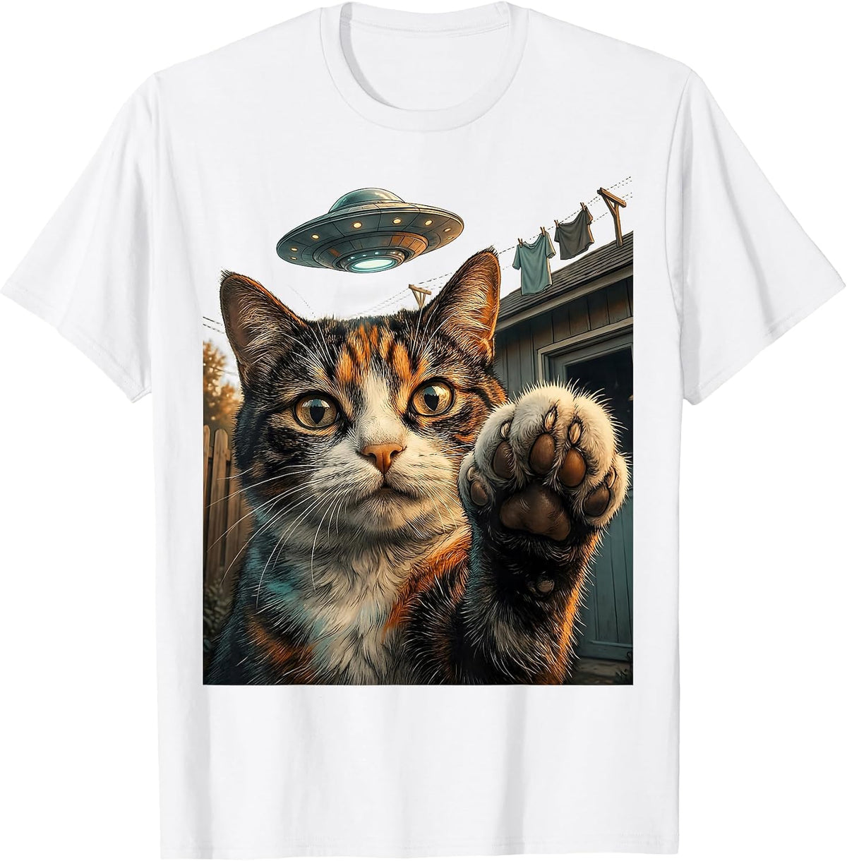Men's Startled Cat UFO Selfie Funny Cat Lover Gift T-Shirt - White