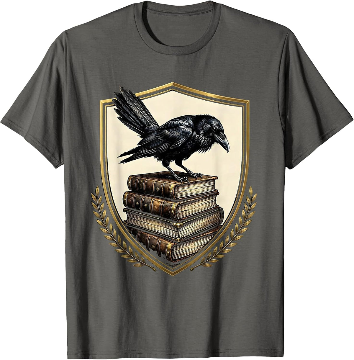 Men's Crow on Stacked Old Leather Books Illustration T-Shirt - Asphalt Grey